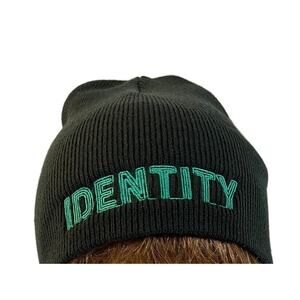 Rare Black Ribbed Beanie Hat with "IDENTITY" Embroidery - One Size